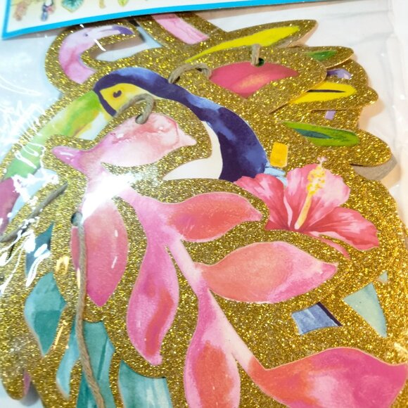 Tropical Flamingo Toucan Banner 7 Ft Glitter Gold Pink Blue - Picture 4 of 7